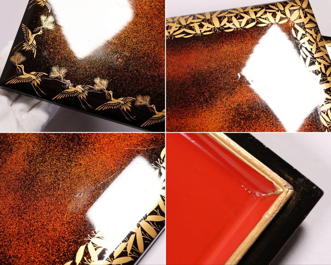 【MB207】時代漆芸 絵変金蒔絵 五段重箱 蓋二枚 小紋 梨地 内朱塗 天然木