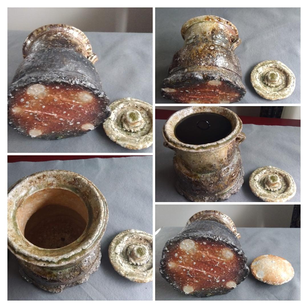 信楽焼　自然灰釉究極美逸品　谷清右衛門　茶道具伊賀写 双耳水指 塗蓋 付　共箱