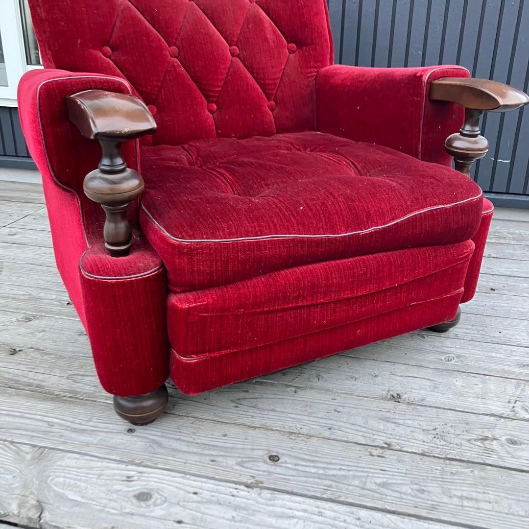 ② 昭和レトロ 古家具 一人掛けベロアソファー アームチェア ヴィンテージ 赤
