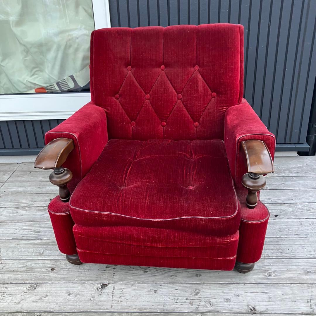 ② 昭和レトロ 古家具 一人掛けベロアソファー アームチェア ヴィンテージ 赤