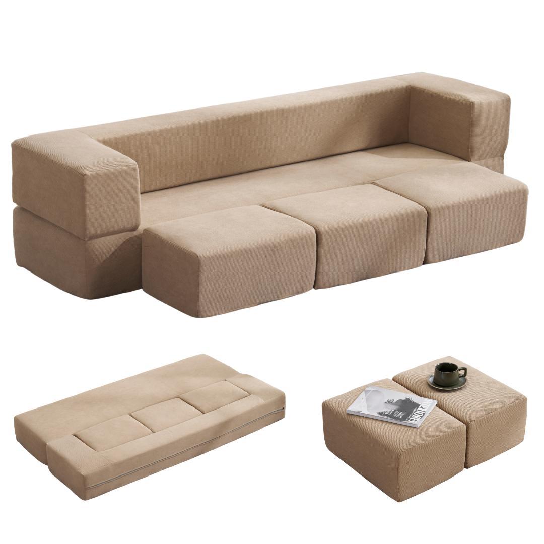 【ブラウン】ソファベッド 最大5人掛け 組立て不要 フロアソファ 軽いソファー