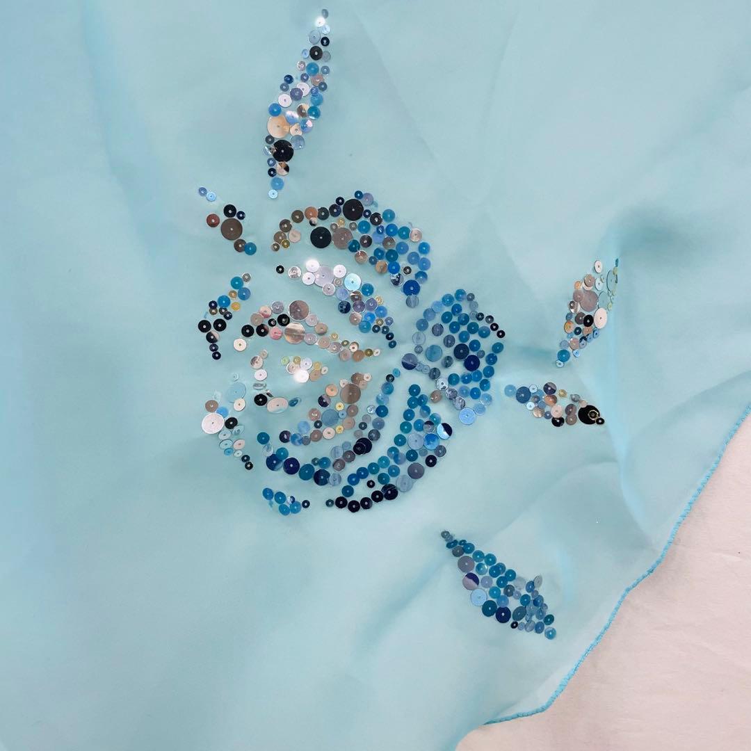 水色 シフォン スカーフ ビーズ装飾