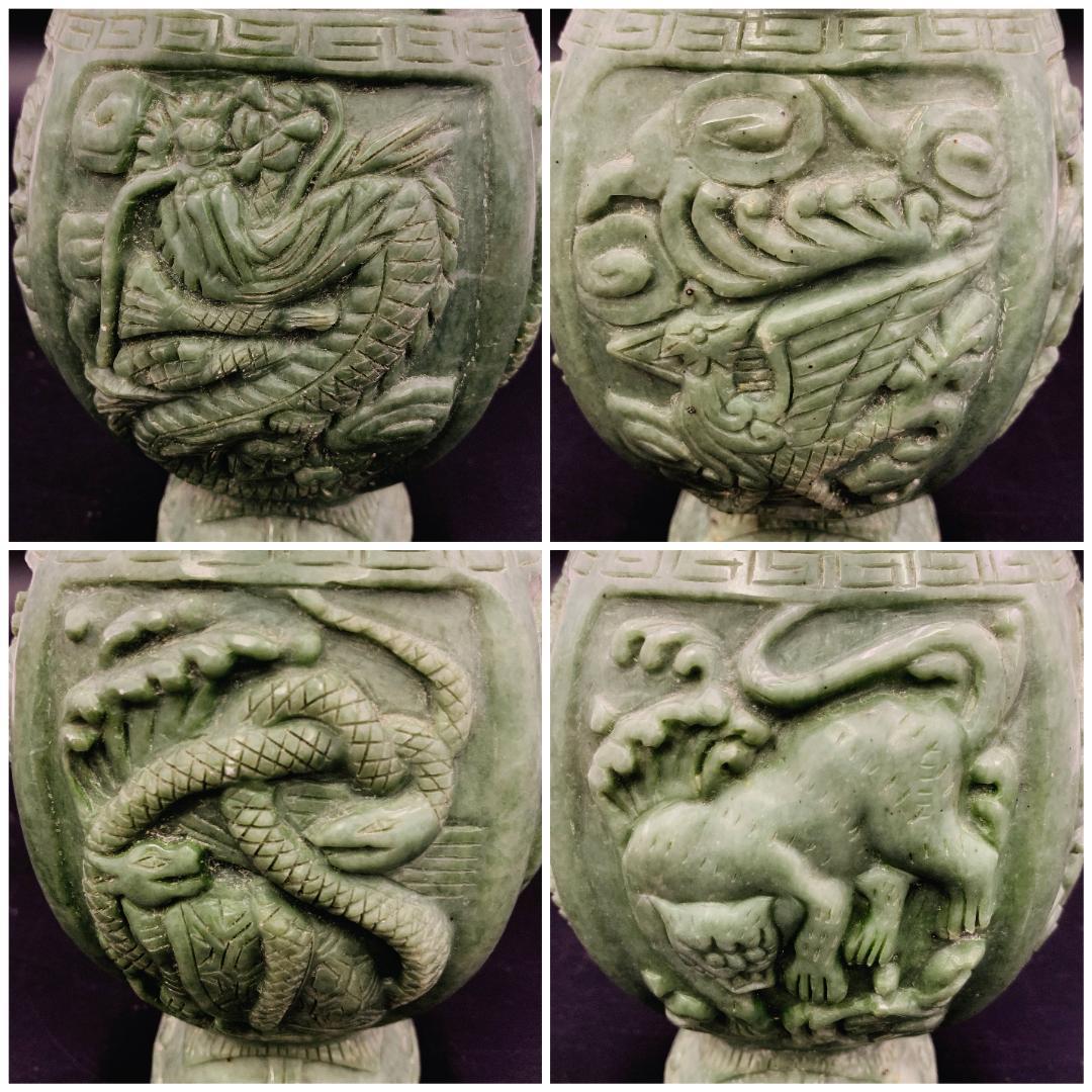 碧玉 四神文 双耳壺 玉金義作 清朝風 彫刻 花瓶 緑玉石 共箱付 中国美術