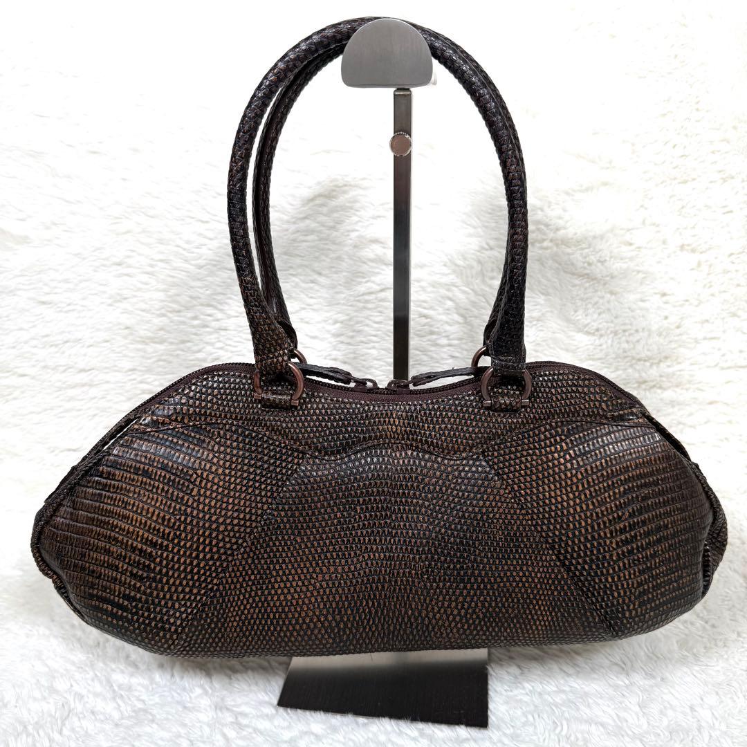 【美品】JRAタグ付 リザード 本革 ハンドバッグ ブラウン 茶 ヴィンテージ