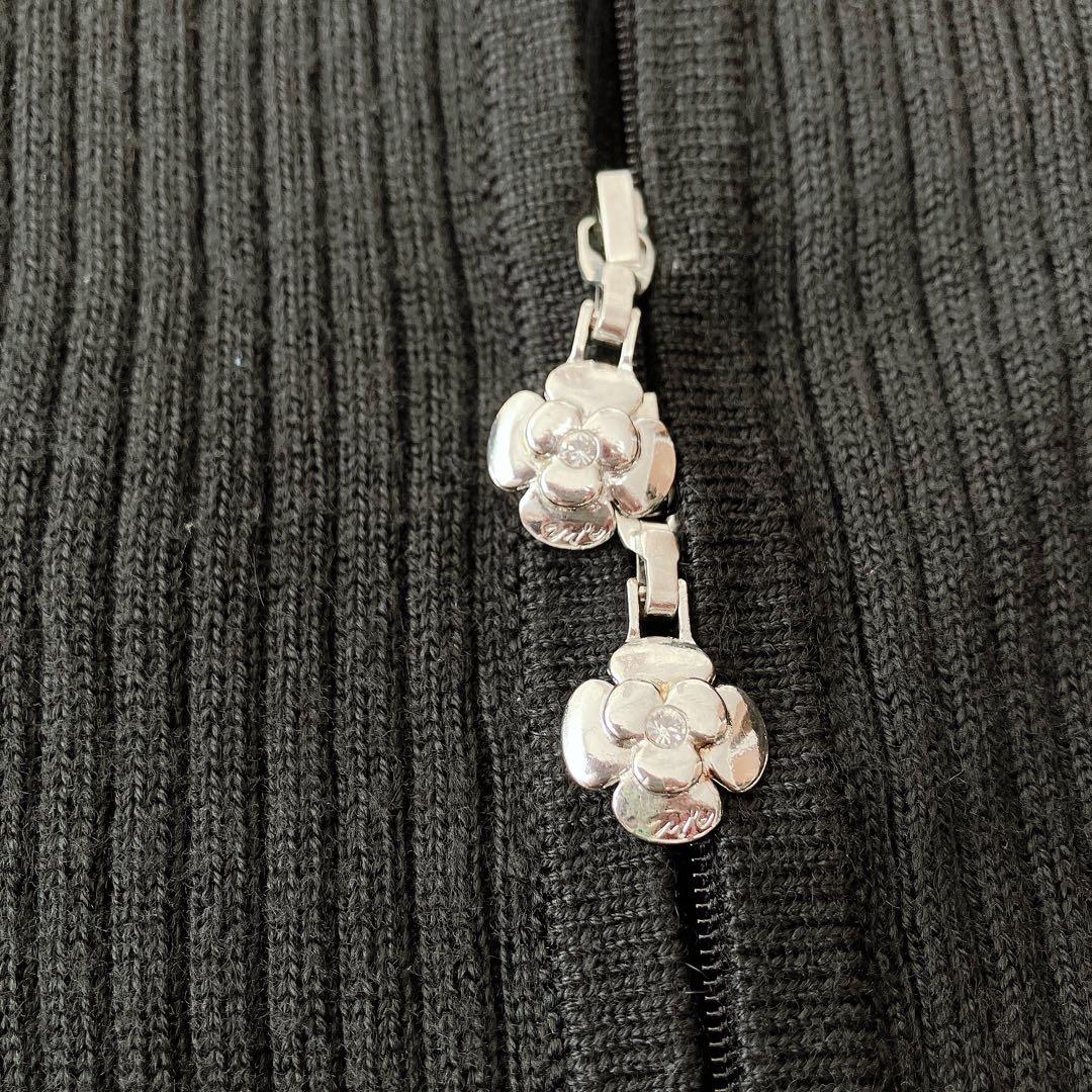 エムズグレイシー フリル＆ラインストーン ニット/カーディガン ダブルジップ 黒