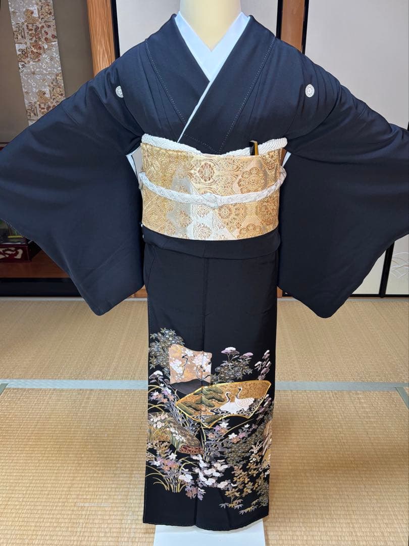 正絹豪華黒留袖6点フルセット 黒留袖　袋帯　帯締め帯揚げ　長襦袢　 末広