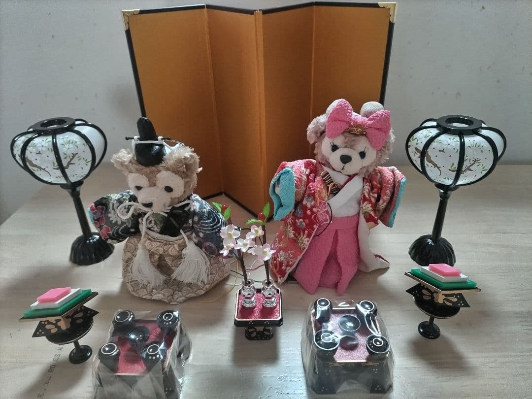 ダッフィーシェリーメイ　ハンドメイド雛人形セット　立ちぬいバお雛様、お内裏様