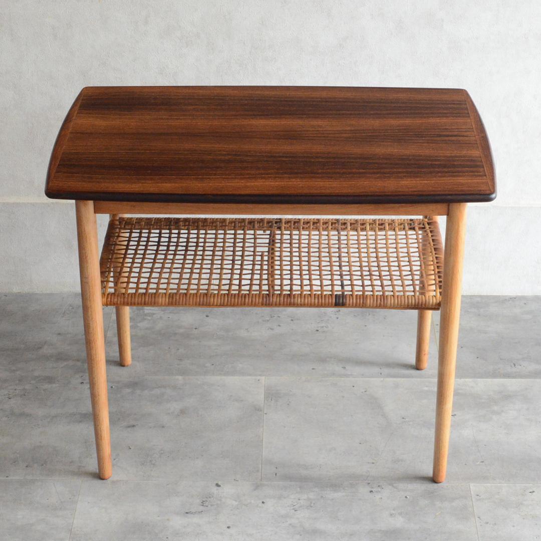 デンマーク 北欧ヴィンテージ サイドテーブル ローズウッド 北欧家具 ラタン棚付
