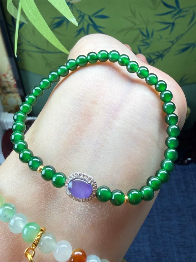 限定1点‼️ 貴重、希少品‼️18kビーズ入りロウカン質極上氷陽緑翡翠ブレス＆リング