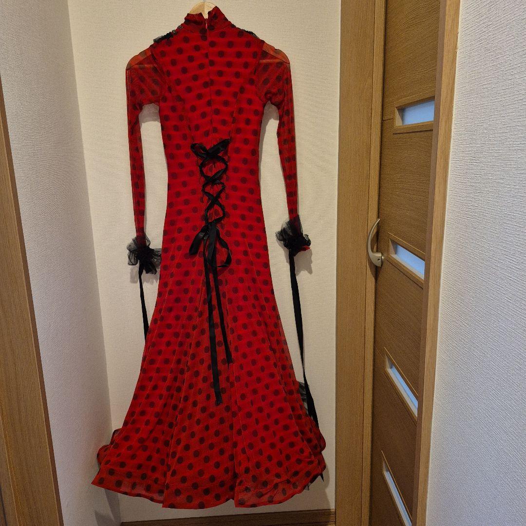 社交ダンス　スタンダードドレス　赤と黒の水玉模様ドレス　S～M