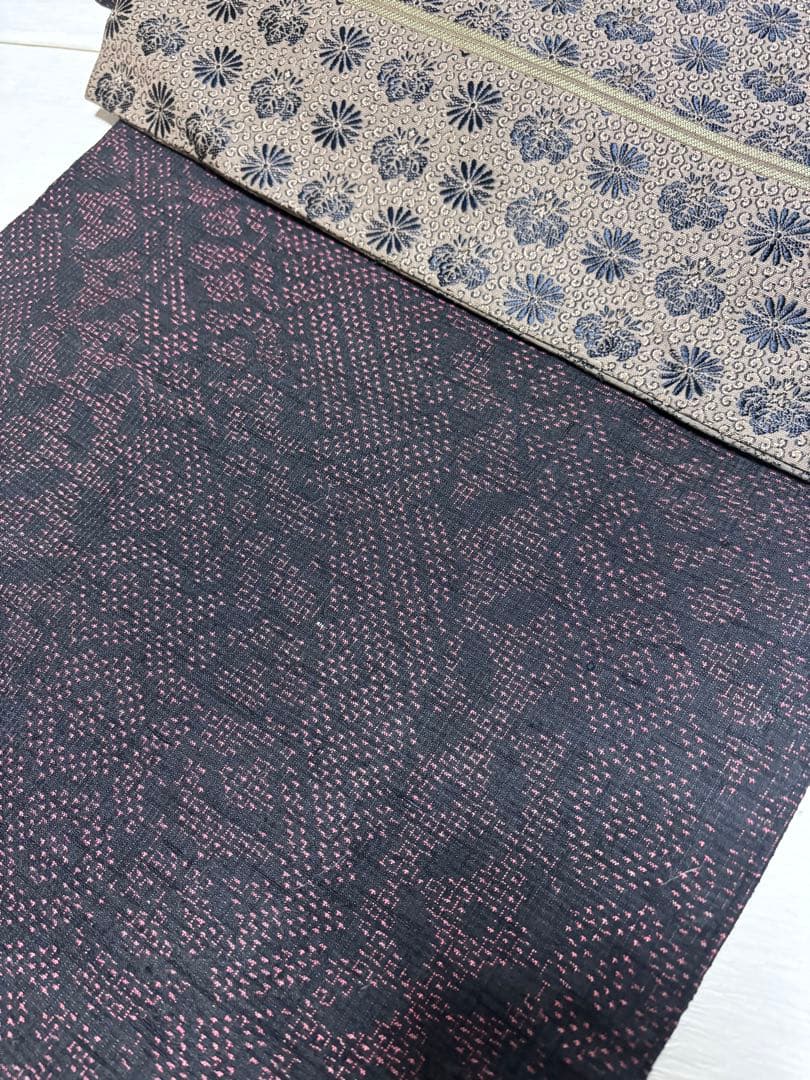 正絹　結城紬　美品　黒地　袷　正絹アンティーク名古屋帯