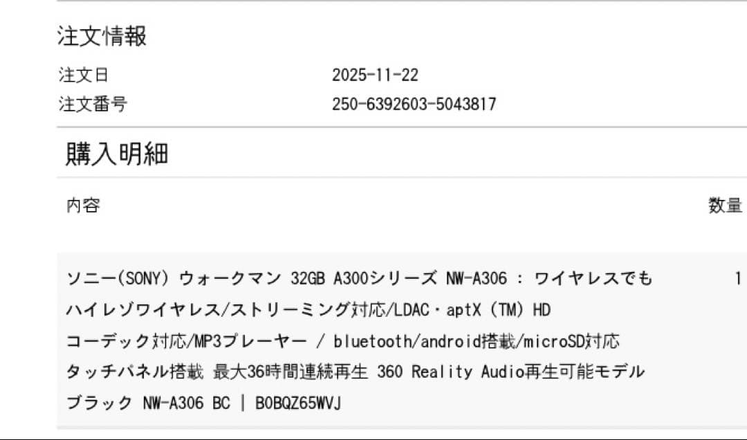【ほぼ未使用】SONY　ウォークマン[32GB]　NW-A306 BC