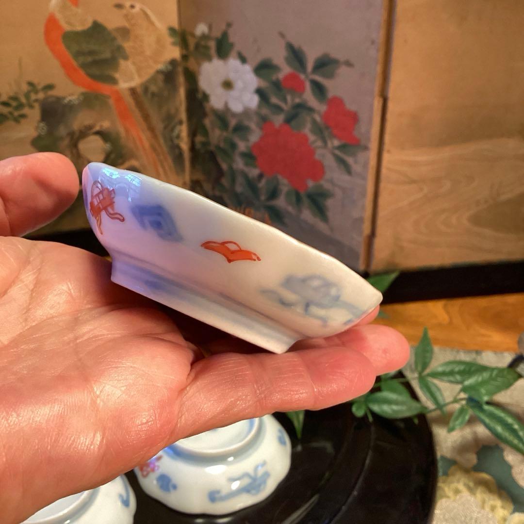 A1033 古伊万里　金襴手　梅に松　宝尽紋様　　豆皿　ちびちび　5枚