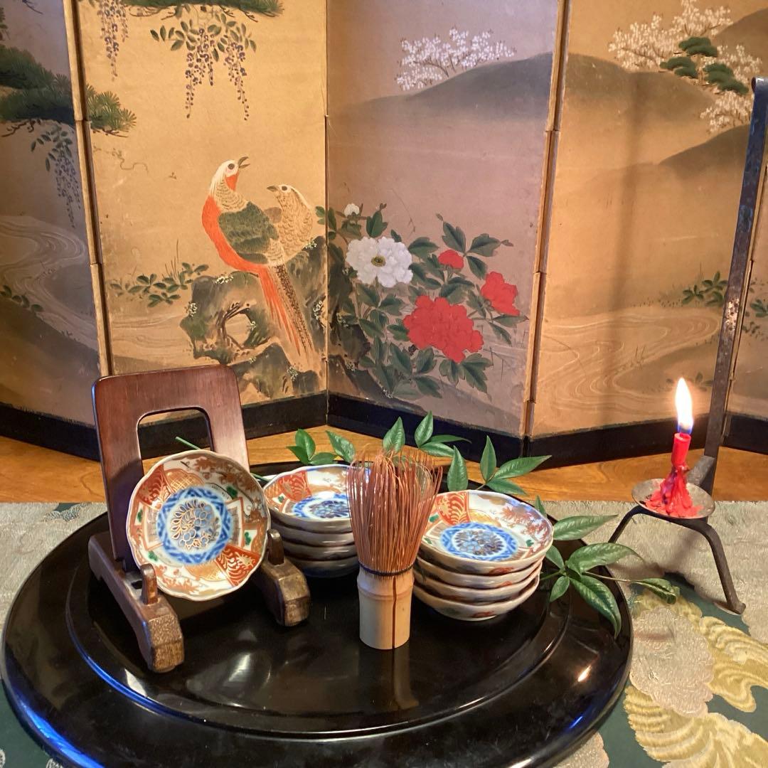 A1033 古伊万里　金襴手　梅に松　宝尽紋様　　豆皿　ちびちび　5枚