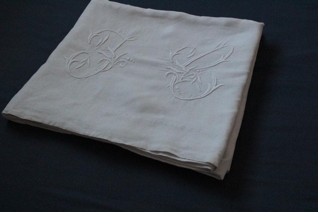 konorinoko様フランスアンティークイニシャルシーツ/モノグラムカバー