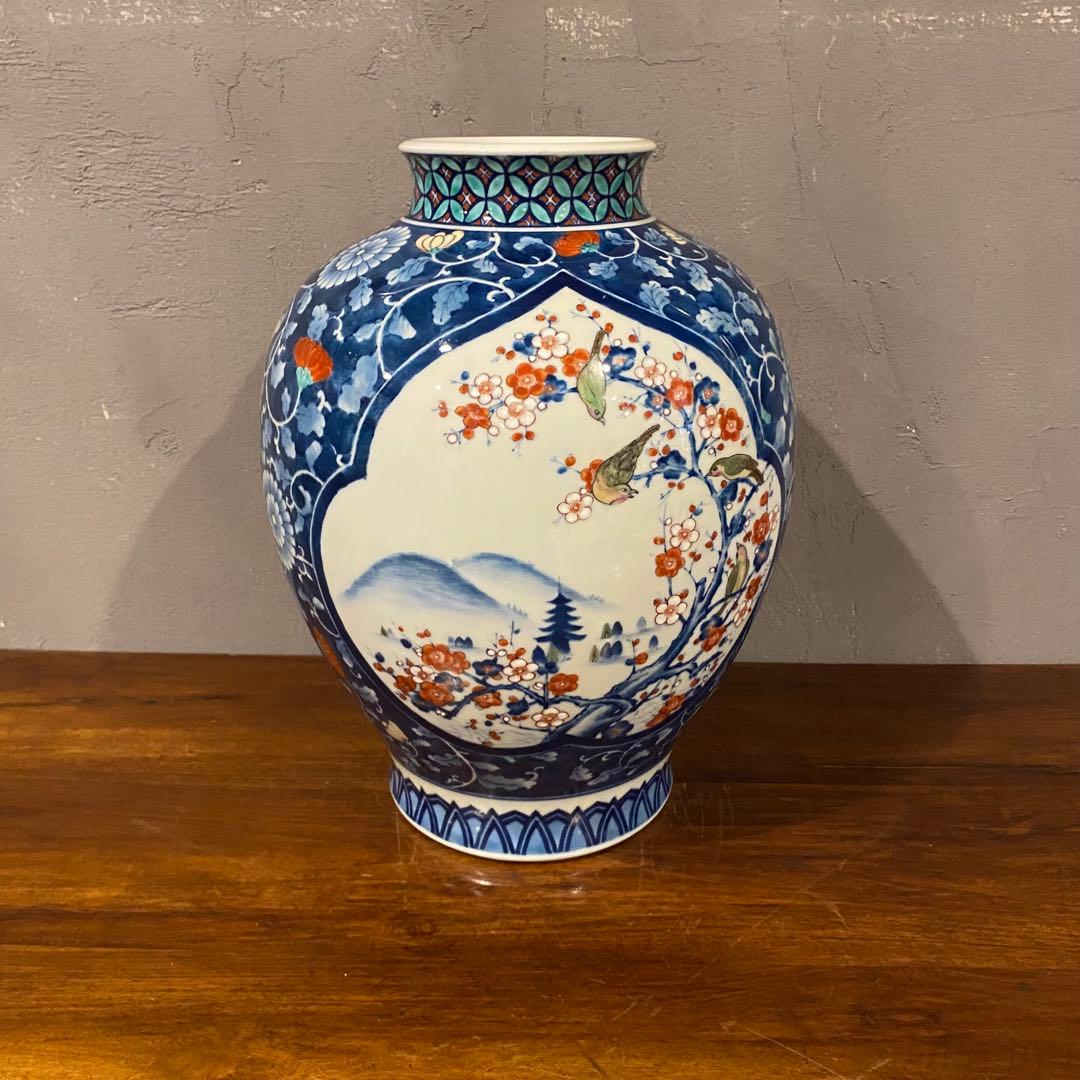 有田焼 池田視行作 二方割 花鳥文 大壺 36cm 骨董品 染錦　コレクション