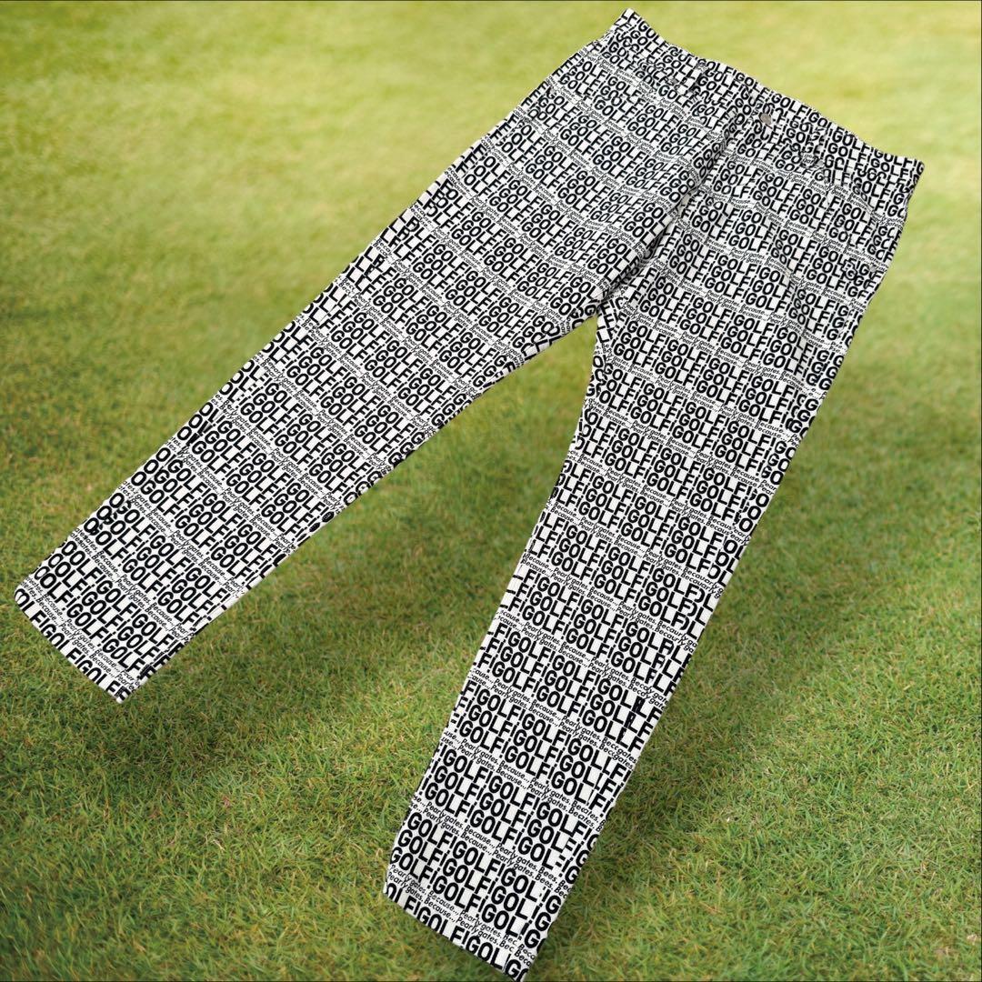 現行タグ　パーリーゲイツ　パンツ　XL〜XXL相当　総柄　黒　白　コットン素材