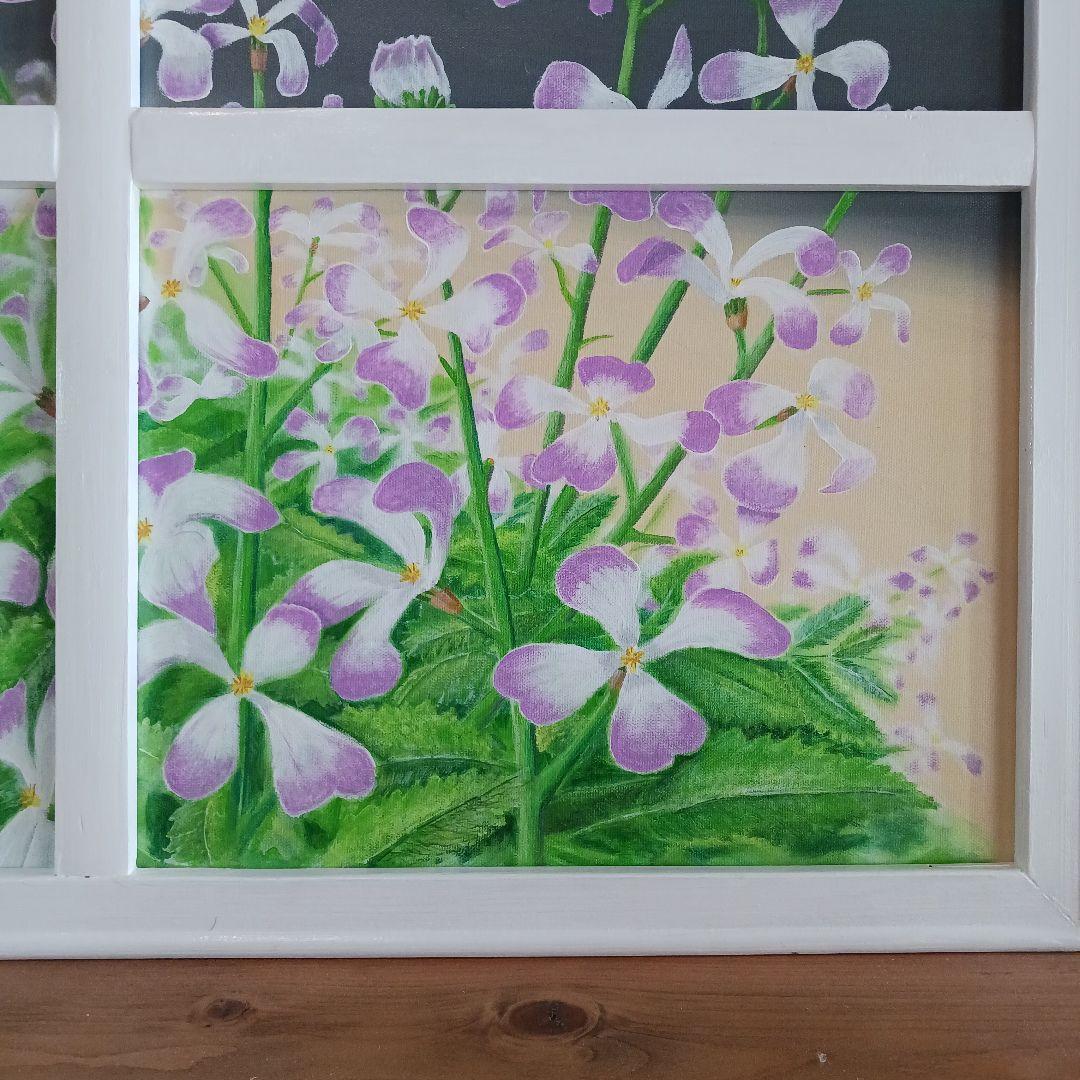 アクリル画　海と花が見える窓　　　浜ダイコンの花が咲く浜辺