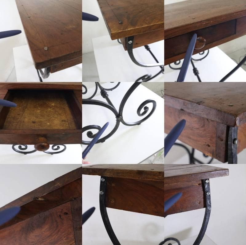 値下アンティーク調 アイアン脚 サイドテーブル 花台 飾り台 古材 引き出し付
