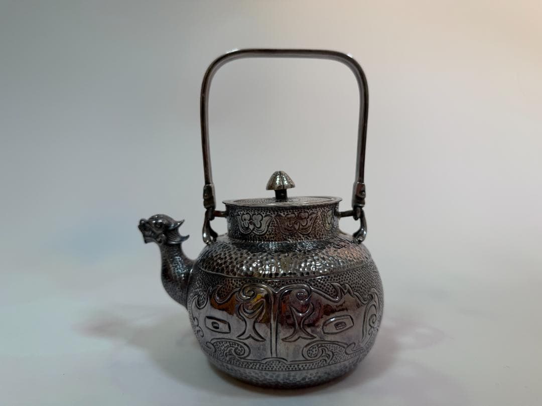 純銀製 獣口 饕餮文 湯沸 銀瓶 煎茶道具