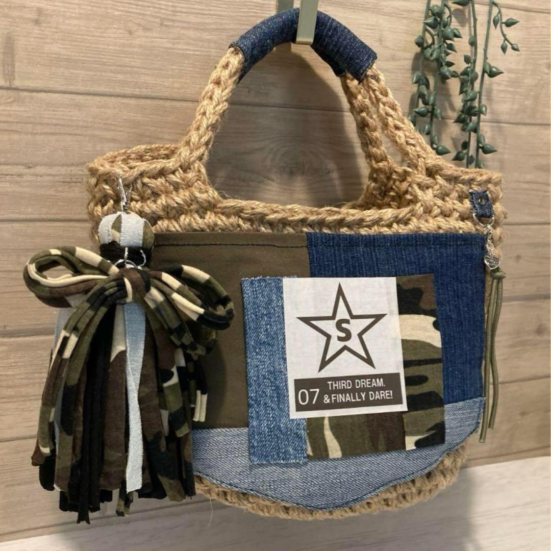 桔梗様 ハンドメイドバッグ デニムリメイクバッグ リメイクデニム カゴバッグ