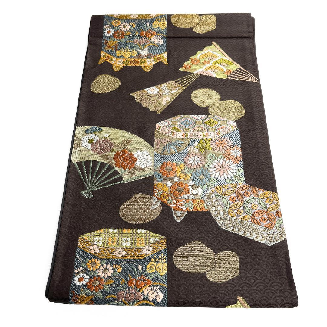 袋帯　貝桶　扇　花紋　花束　桐の花　七宝　貝合わせ　着物　123b d ms