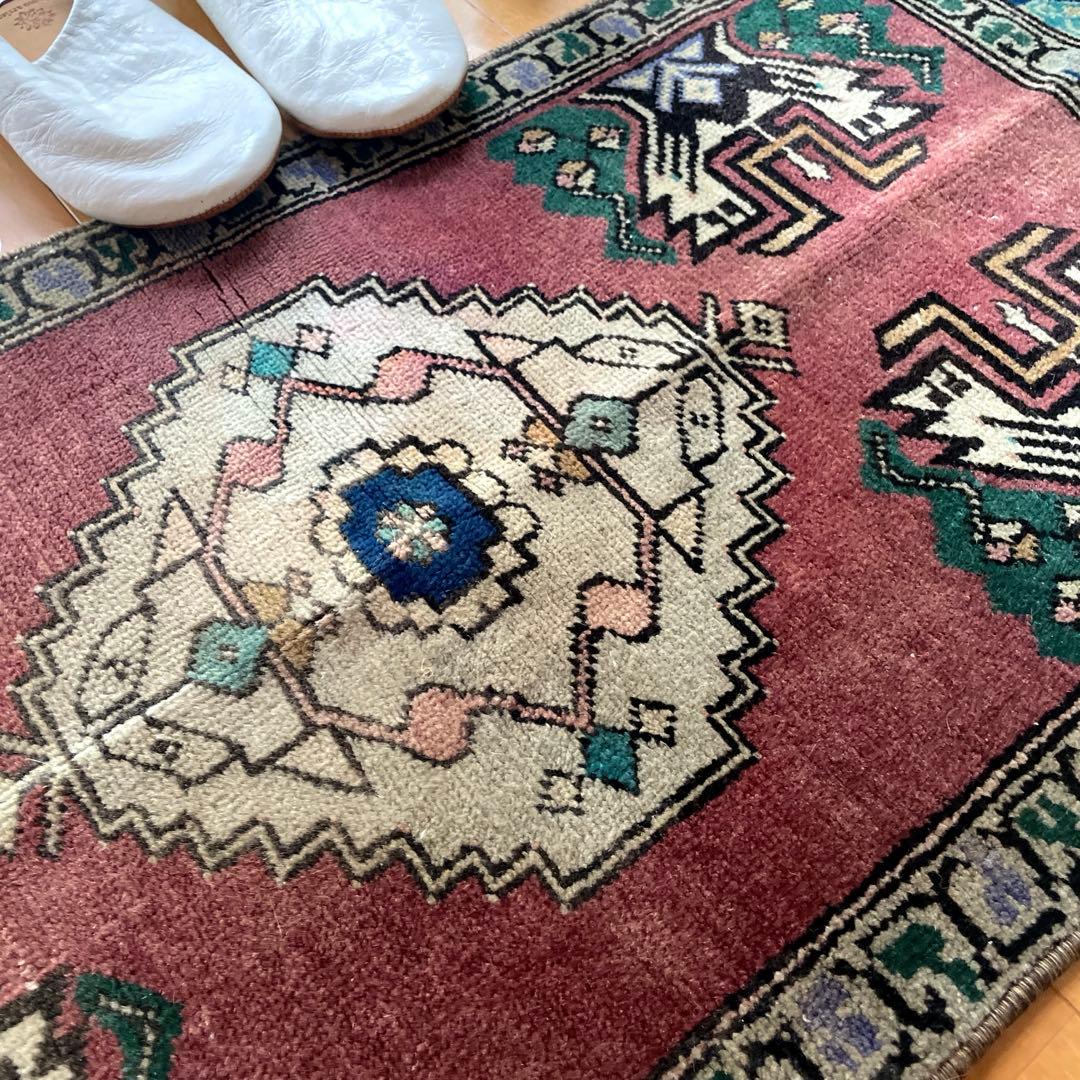 45×91 くすみグレープカラー　小さめメダリオン　トルコヴィンテージラグ