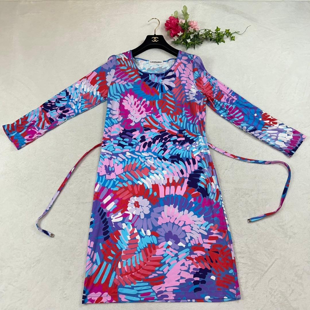 K552 新品未使用 L レオナール 総柄 ひざ丈ワンピース ブルー レディース