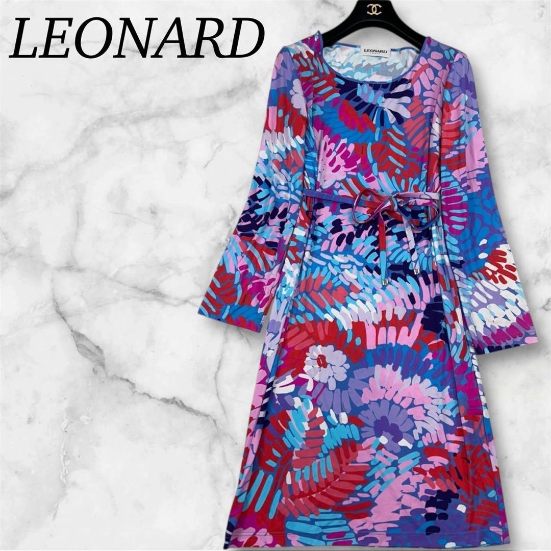 K552 新品未使用 L レオナール 総柄 ひざ丈ワンピース ブルー レディース