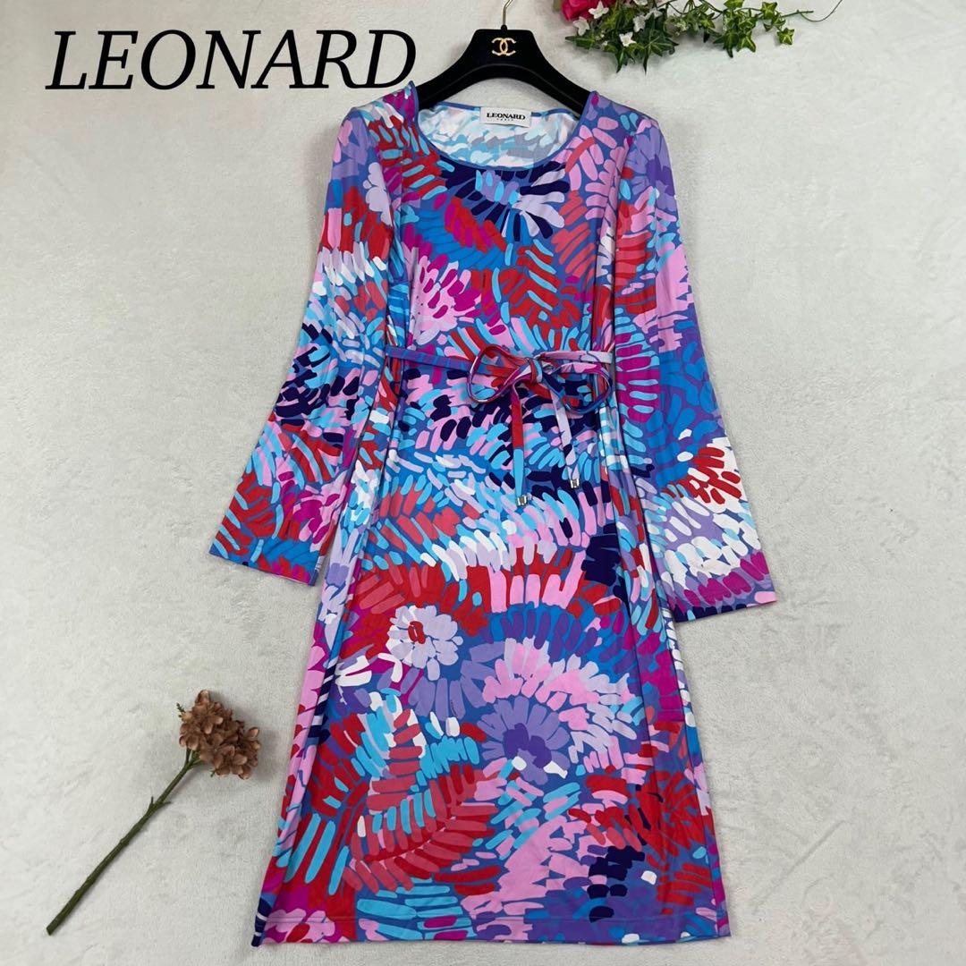 K552 新品未使用 L レオナール 総柄 ひざ丈ワンピース ブルー レディース