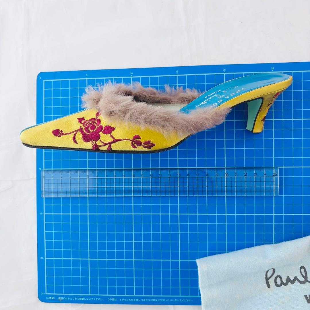 ポールスミス×エマホープ コラボ ミュール 37 刺繍 ファー サテン イエロー