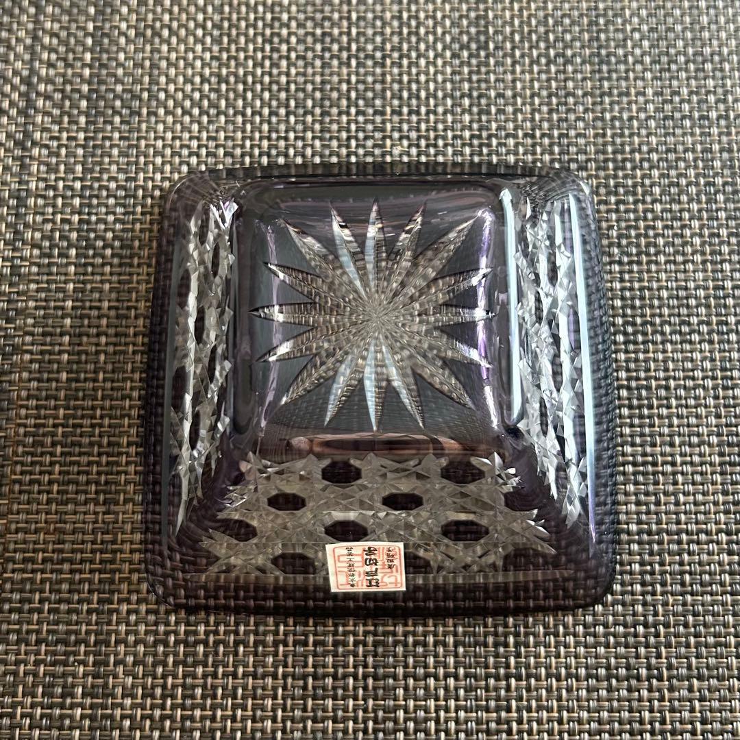 【新品未使用】江戸切子　小鉢　食器　スクエア　紫　大友精三　東京都伝統工芸品