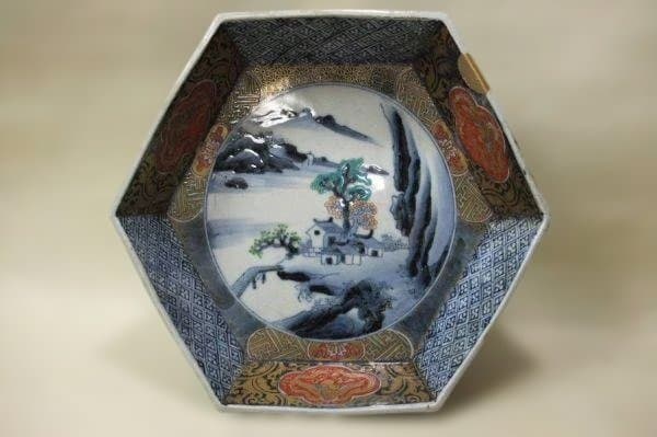 伊万里 色絵 山水 蛸唐草 六角 二重高台 金継 骨董 時代物