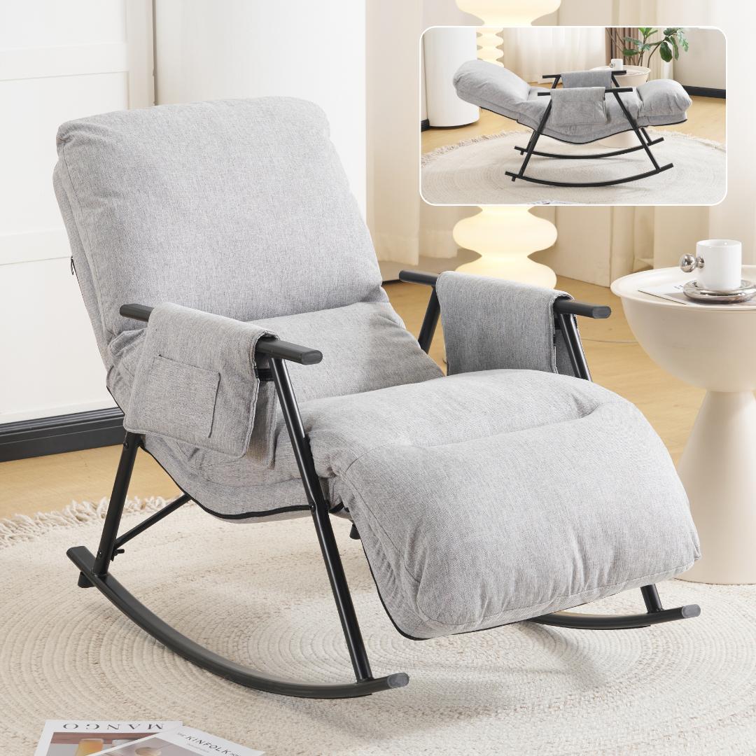 【ライトグレー】ロッキングチェア 背/足部多段階調節可能 揺れる椅子 組立簡単