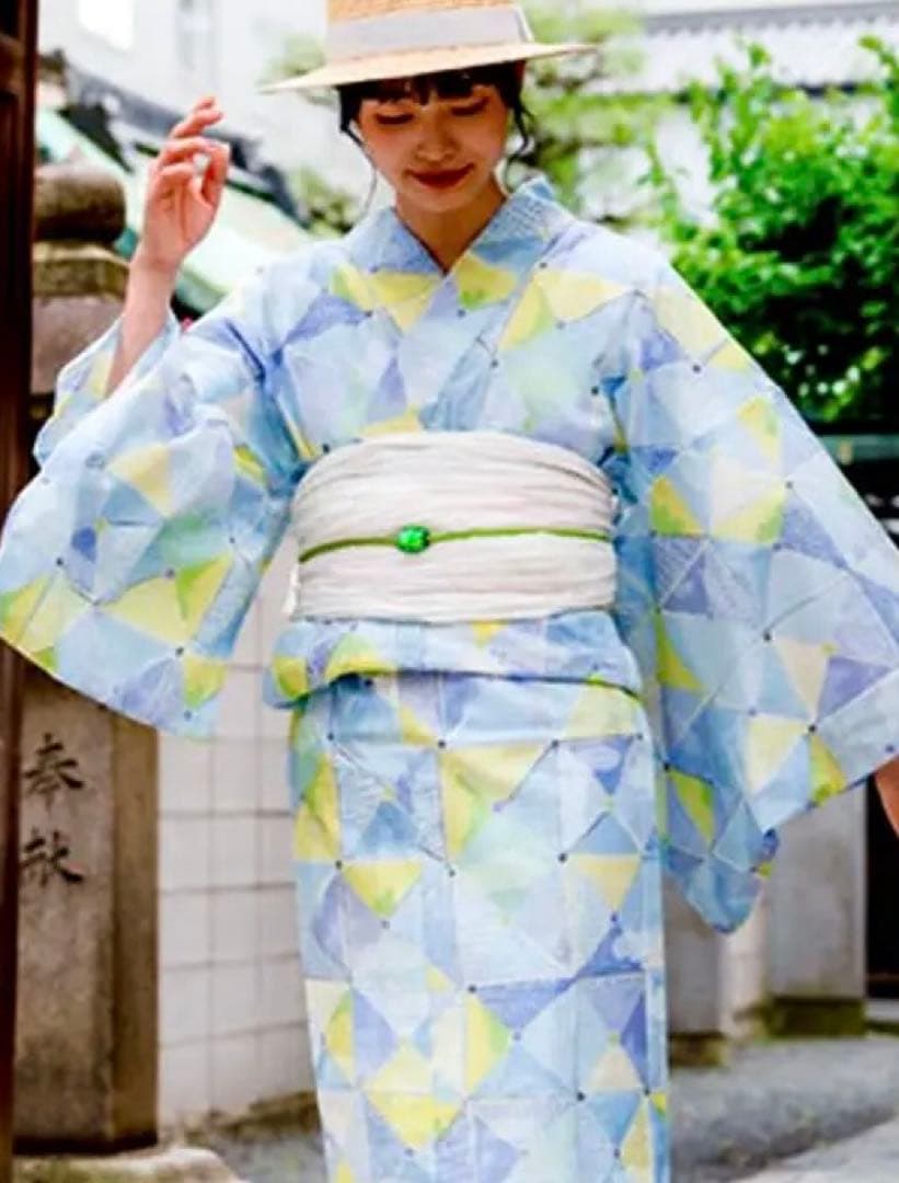 【美品】浴衣　みすずうた　単品　紙ふうせん　水色　黄　黄緑　みすゞうた