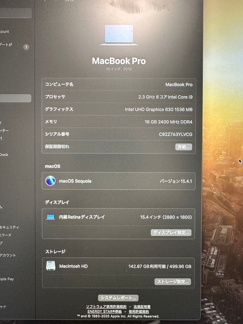 MacBook Pro 2019 15インチ Intel Core i9