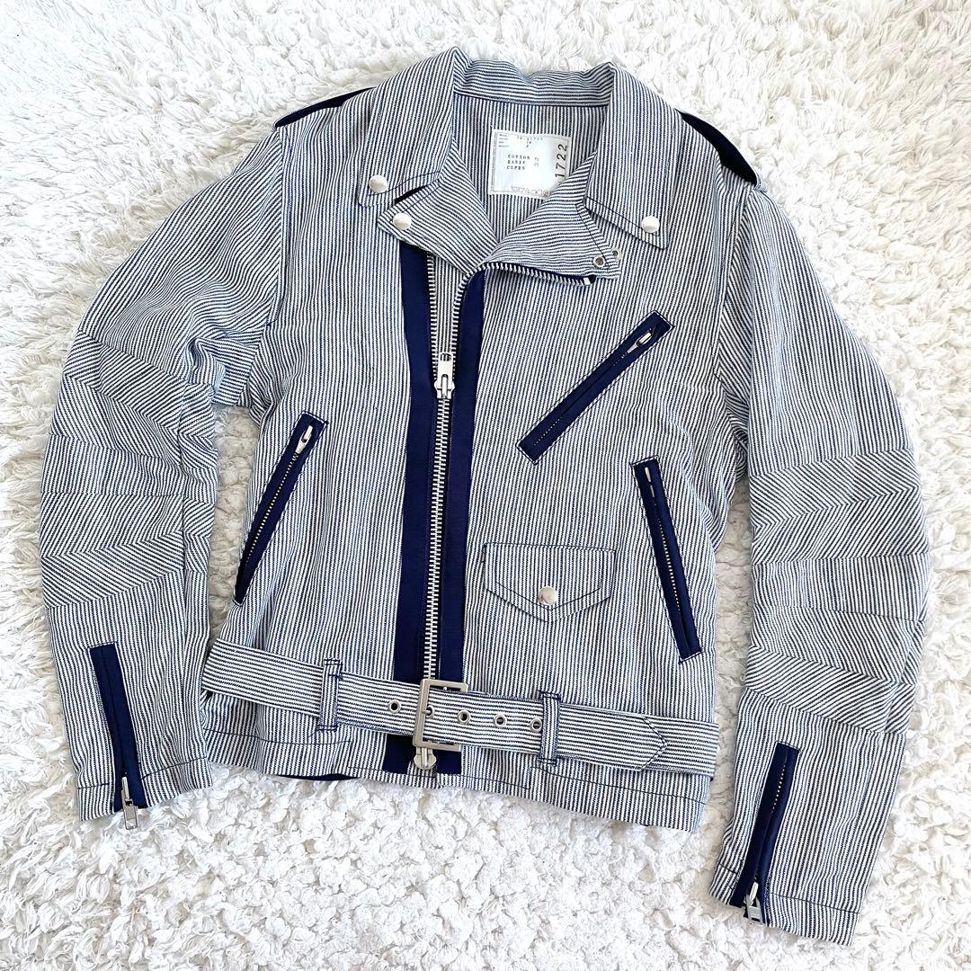 M*n様 美品　サカイ　sacai ストライプ柄　紺　白￼ライダースジャケット