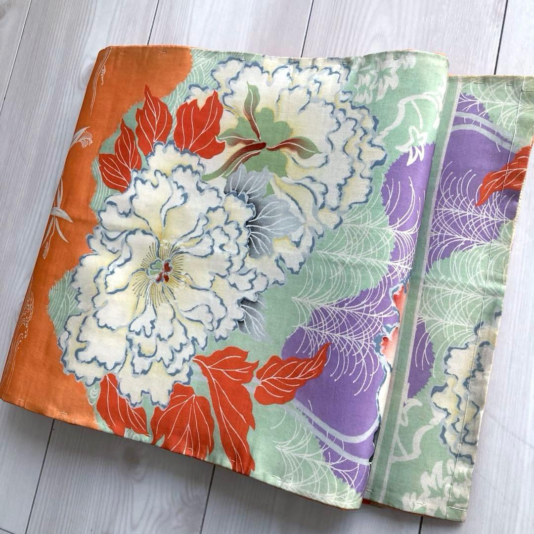 アンティーク京袋帯　しつけ糸付　刺繍の花模様　正絹　大正ロマン　N2-26
