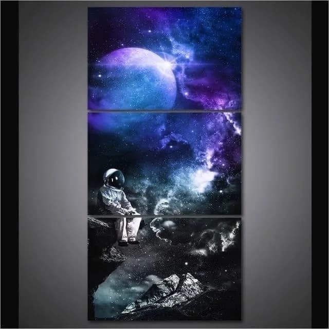 木枠付き 3枚組 壁掛け キャンバス アートパネル 宇宙飛行士 地球 大気圏