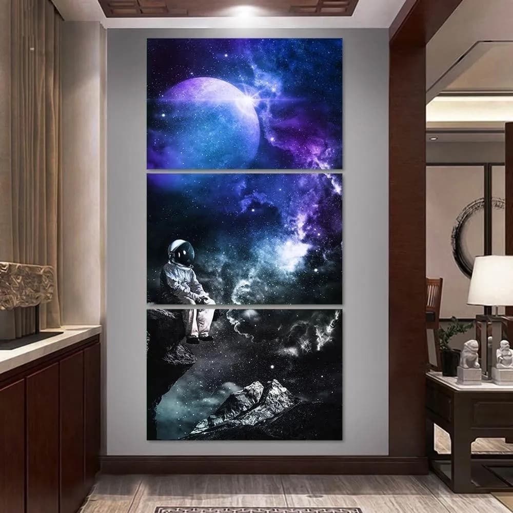 木枠付き 3枚組 壁掛け キャンバス アートパネル 宇宙飛行士 地球 大気圏