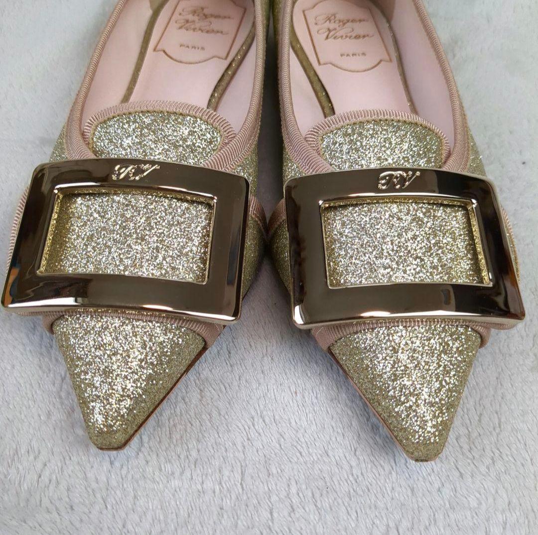 ロジェヴィヴィエ フラットシューズ スクエアバックル ゴールド サイズ35