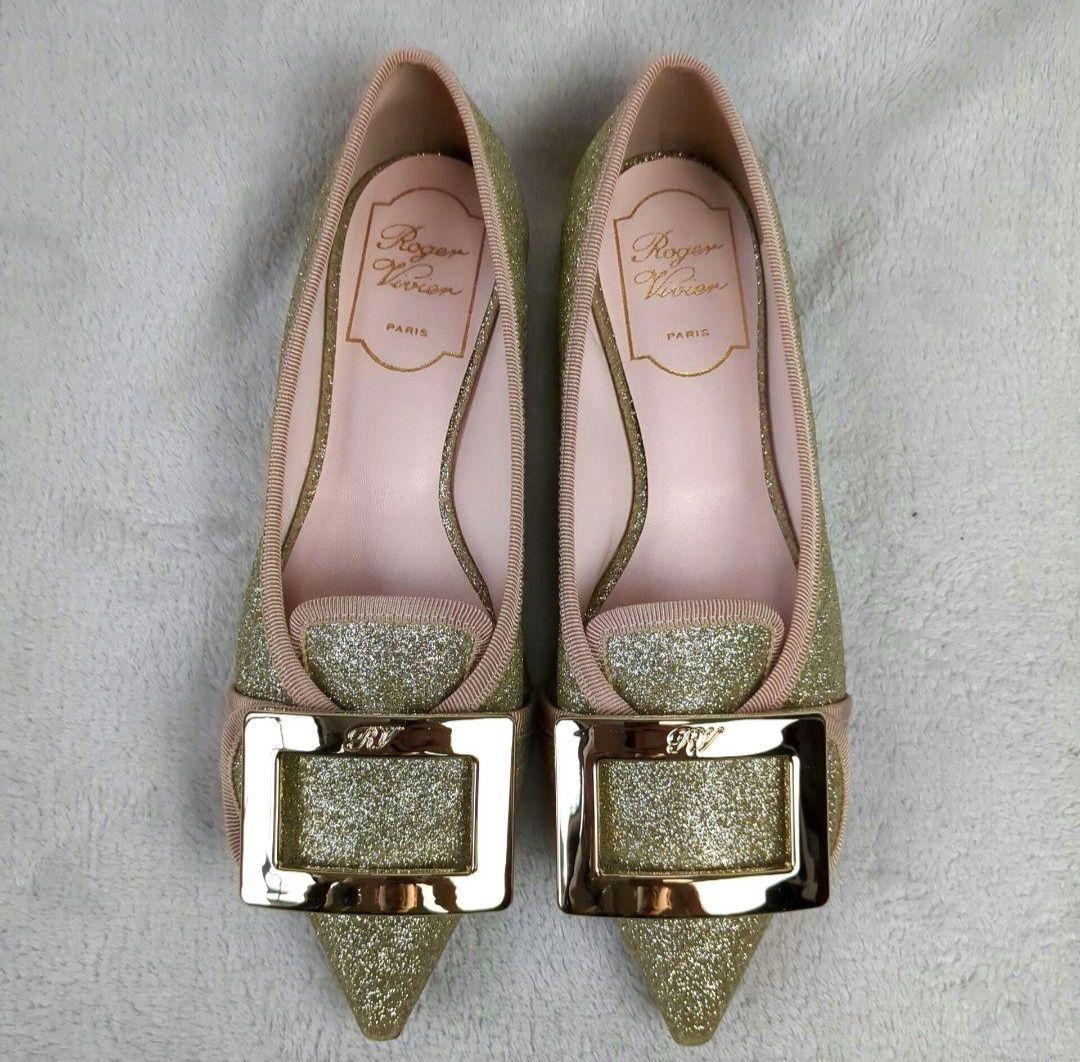ロジェヴィヴィエ フラットシューズ スクエアバックル ゴールド サイズ35