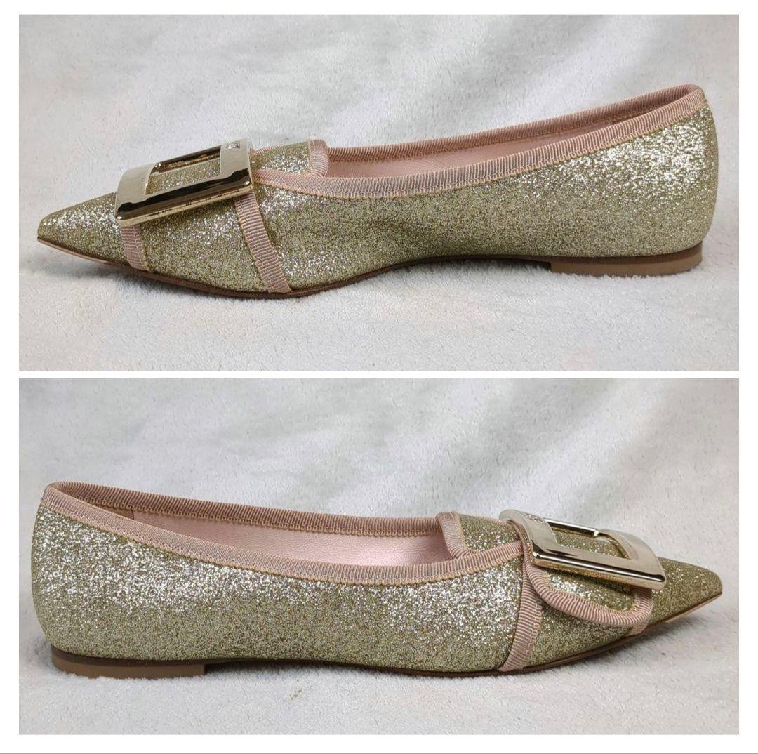 ロジェヴィヴィエ フラットシューズ スクエアバックル ゴールド サイズ35