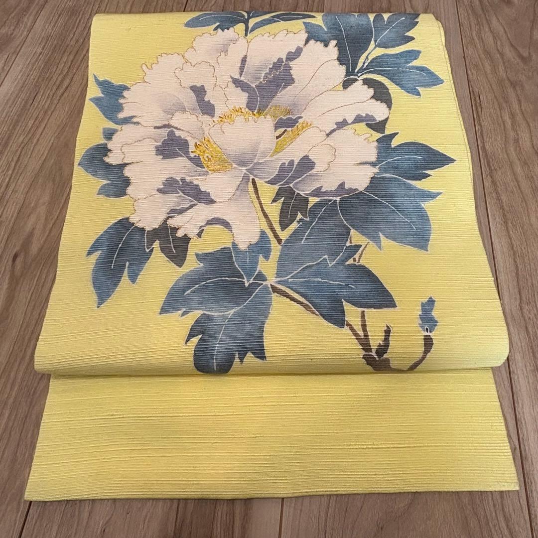 未使用　正絹　現代　名古屋帯　着物　和装　レモンイエロー　薄黄色　牡丹　364