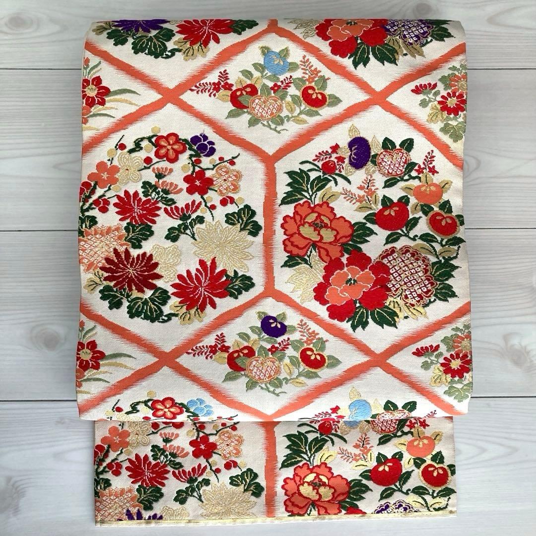 アンティーク名古屋帯　織り出し花模様　アイボリー　正絹　大正ロマンNo.28