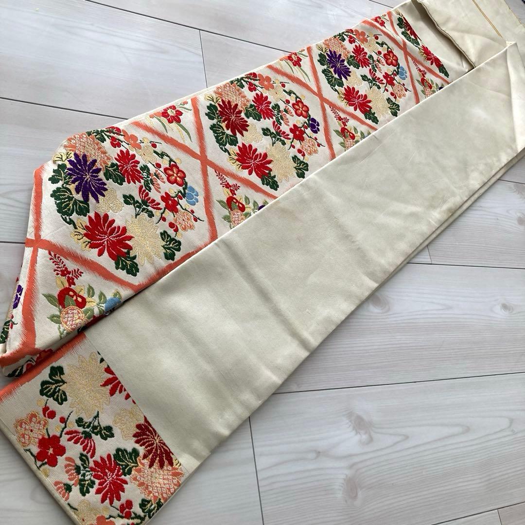 アンティーク名古屋帯　織り出し花模様　アイボリー　正絹　大正ロマンNo.28