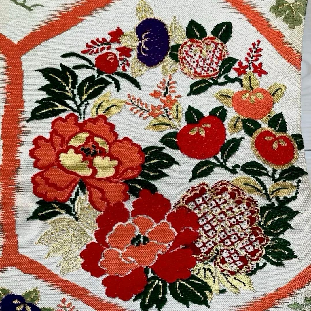 アンティーク名古屋帯　織り出し花模様　アイボリー　正絹　大正ロマンNo.28