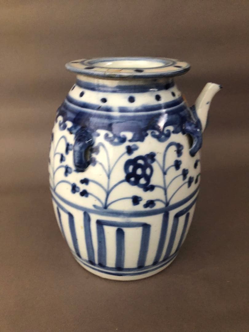 中国骨董　古美術　青花四耳水差し、花瓶