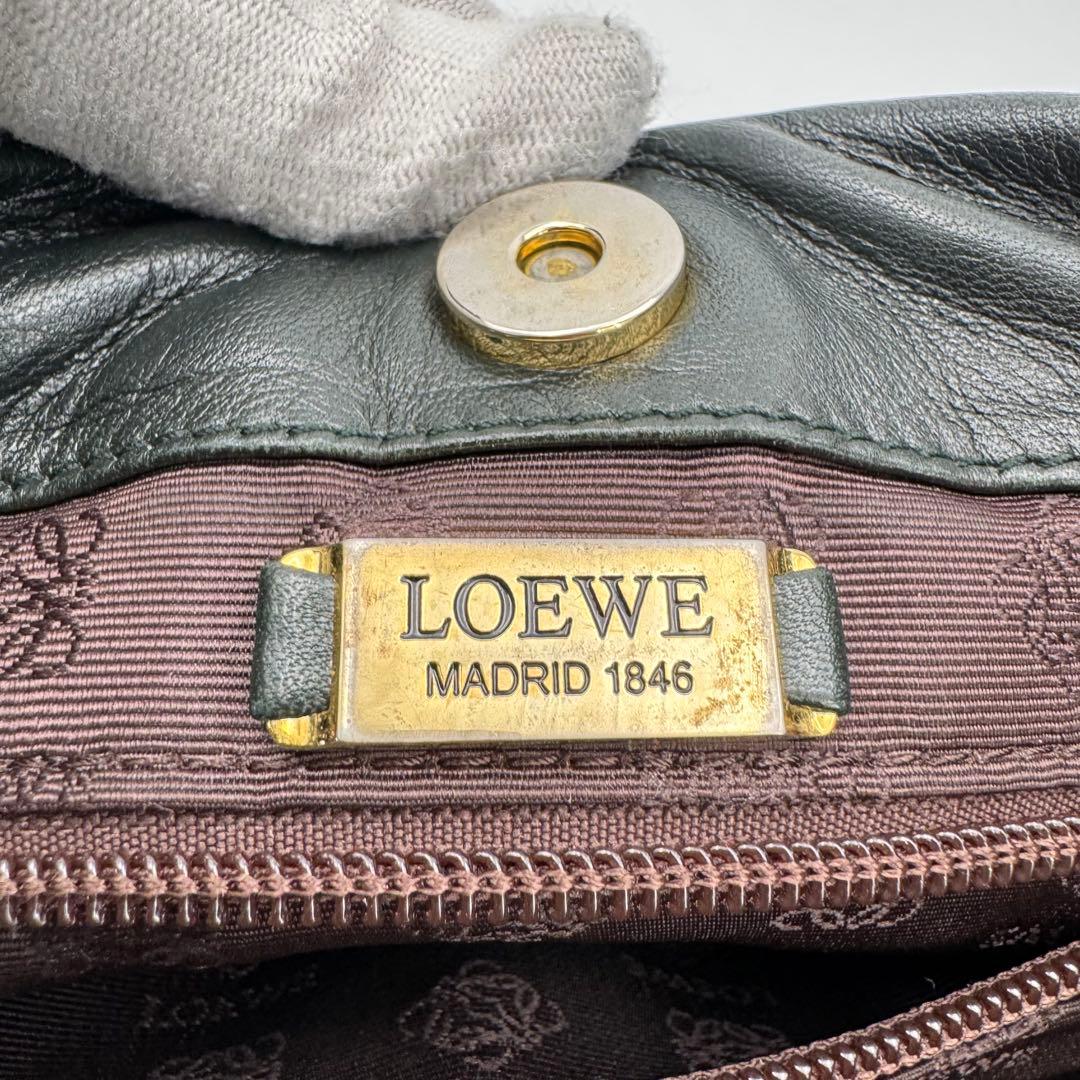 ロエベ アナグラム フラメンコ ナッパ レザー 巾着 ショルダーバッグ 黒緑