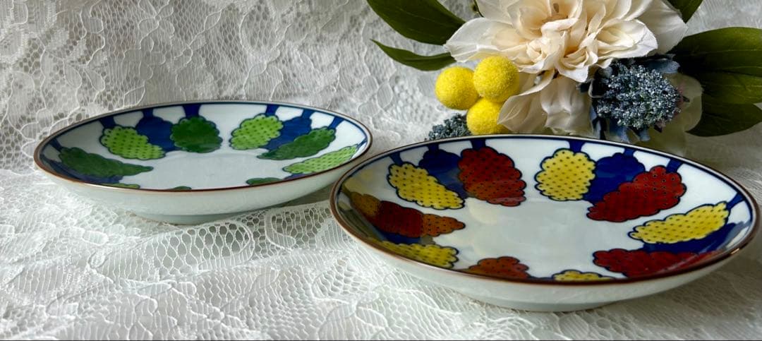 【新品・未使用】源右衛門窯　染錦緑樹＆染錦紅樹　銘々皿　２枚セット